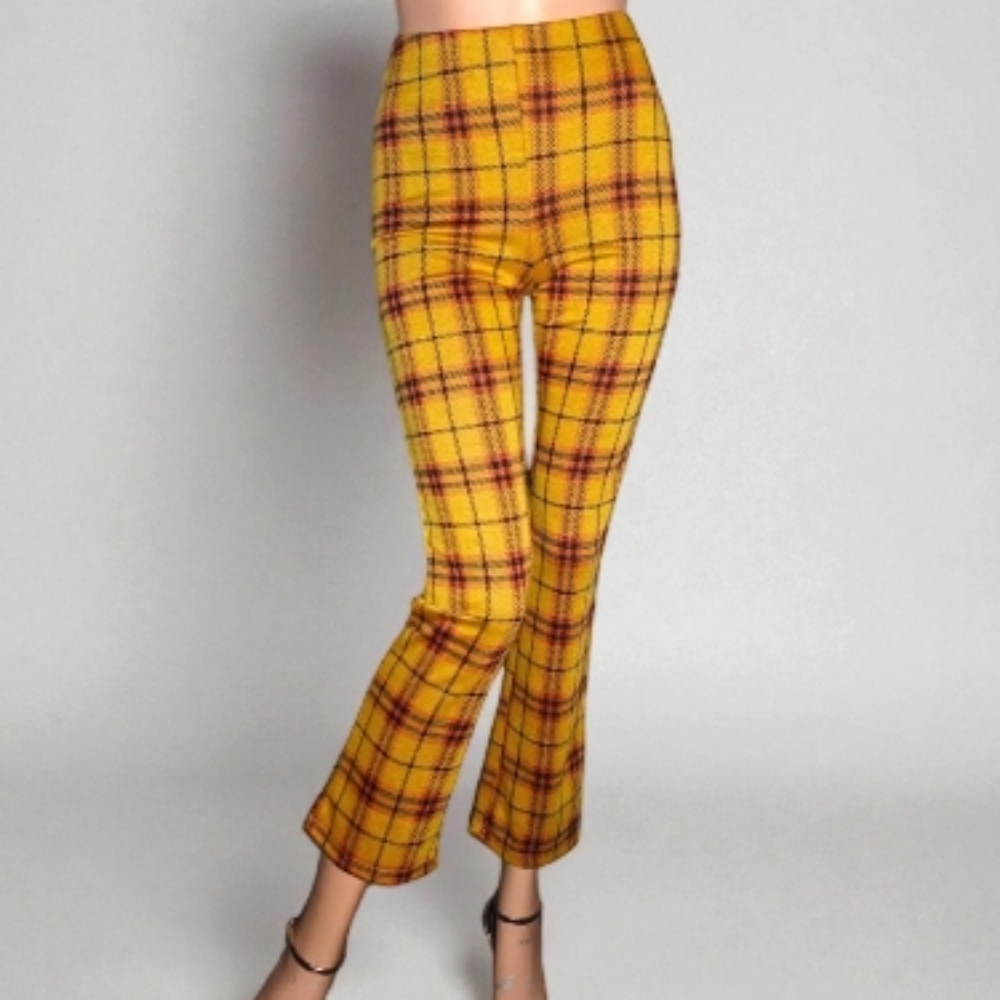 Urban Outfitters Yellow Plaid Flare Crop Pants Size XS